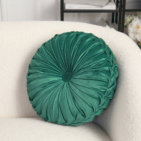 Round Pleated Pumpkin Velvet Cushion Green 40cm
