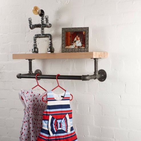 Industrial Floating Wall Shelf with Towel Clothes Pipe Rail, Wall Mounted Storage Shelf