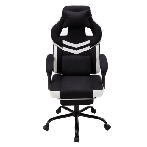 Living and Home Tech Fabric Ergonomic Reclining Gaming Chair, Black+White, w/ Massage Lumbar Support & Footrest