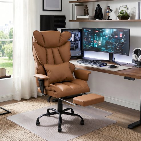 Living and Home Brown PVC High‑Back Executive Swivel Office Chair, Reclining Chair with Retractable Footrest & Adjustable Armrests