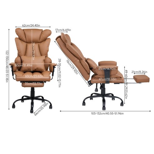 Living and Home Brown PVC High‑Back Executive Swivel Office Chair, Reclining Chair with Retractable Footrest & Adjustable Armrests