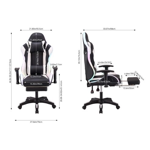 Living and Home Black White Ergonomic Gaming Chair with RGB Light & Massage Lumbar