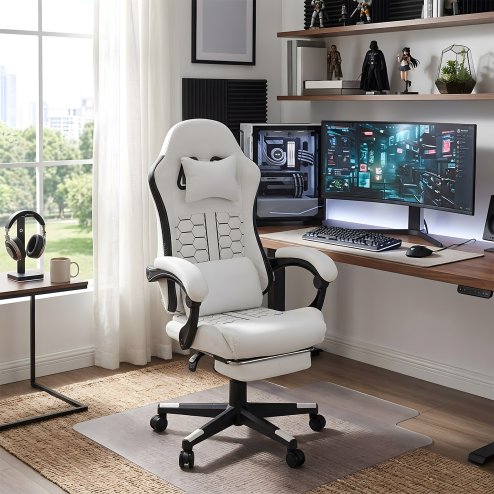 Living and Home White Black Ergonomic Gaming Chair, 135° Reclining PVC Game Chair with Massage Lumbar Support, Footrest & Headrest