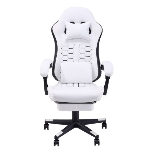Living and Home White Black Ergonomic Gaming Chair, 135° Reclining PVC Game Chair with Massage Lumbar Support, Footrest & Headrest