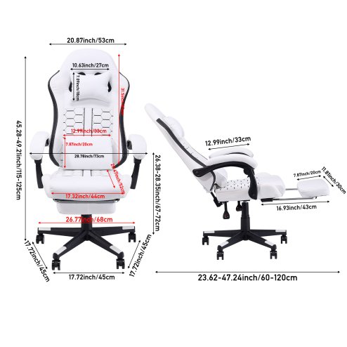 Living and Home White Black Ergonomic Gaming Chair, 135° Reclining PVC Game Chair with Massage Lumbar Support, Footrest & Headrest