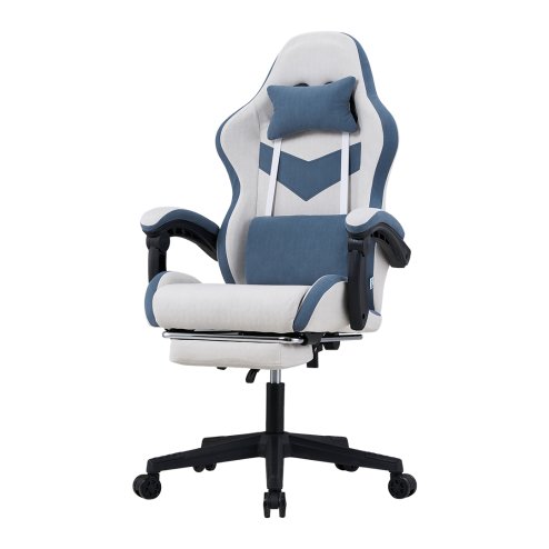 Living and Home Tech Fabric Gaming Chair, Blue+Grey, 135° Reclining Game Chair w/ Massage Lumbar Support, Footrest & Headrest