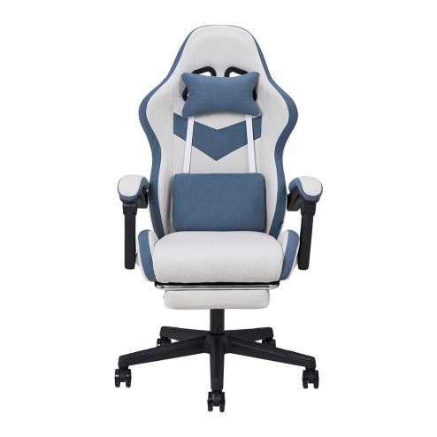 Living and Home Tech Fabric Gaming Chair, Blue+Grey, 135° Reclining Game Chair w/ Massage Lumbar Support, Footrest & Headrest
