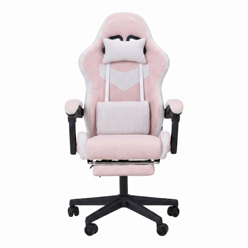 Living and Home Tech Fabric Gaming Chair, White+Pink, 135° Reclining Game Chair w/ Massage Lumbar Support, Footrest & Headrest