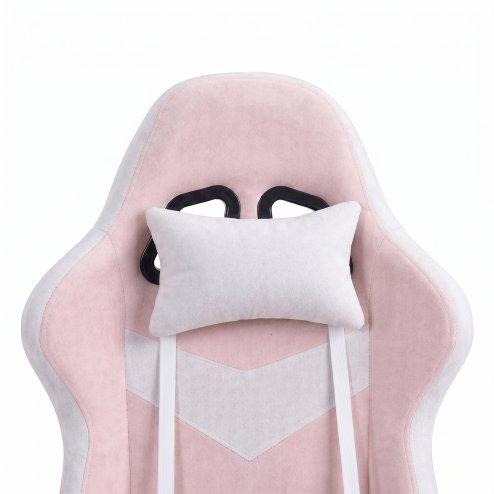 Living and Home Tech Fabric Gaming Chair, White+Pink, 135° Reclining Game Chair w/ Massage Lumbar Support, Footrest & Headrest