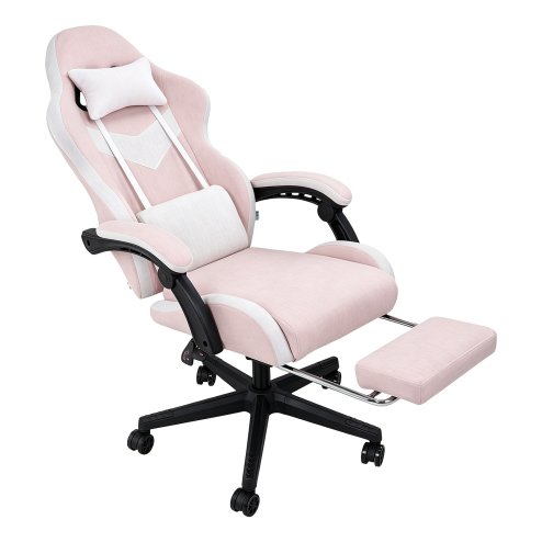 Living and Home Tech Fabric Gaming Chair, White+Pink, 135° Reclining Game Chair w/ Massage Lumbar Support, Footrest & Headrest