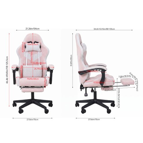 Living and Home Tech Fabric Gaming Chair, White+Pink, 135° Reclining Game Chair w/ Massage Lumbar Support, Footrest & Headrest