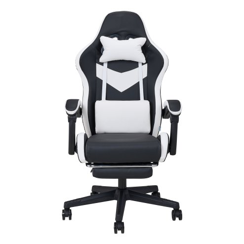 Living and Home PVC Leather Gaming Chair, Black+White, 135° Reclining Racing Game Chair with Massage Lumbar Support, Footrest & Headrest