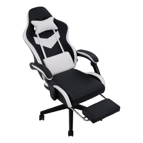 Living and Home PVC Leather Gaming Chair, Black+White, 135° Reclining Racing Game Chair with Massage Lumbar Support, Footrest & Headrest