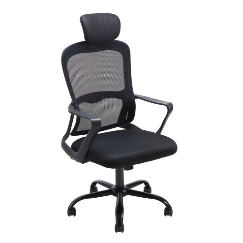 Living and Home Black Mesh Office Chair, Ergonomic Swivel Desk Chair with Adjustable Flip‑Up Headrest, Fixed Armrests and 15° Tilt Recline