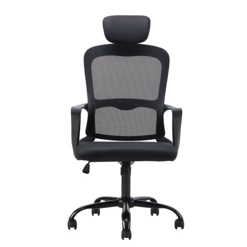 Living and Home Black Mesh Office Chair, Ergonomic Swivel Desk Chair with Adjustable Flip‑Up Headrest, Fixed Armrests and 15° Tilt Recline