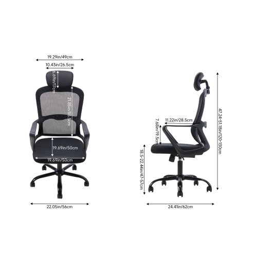 Living and Home Black Mesh Office Chair, Ergonomic Swivel Desk Chair with Adjustable Flip‑Up Headrest, Fixed Armrests and 15° Tilt Recline