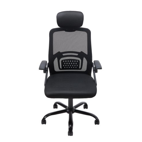 Living and Home Black Mesh Office Chair, Ergonomic Swivel Desk Chair with Flip‑Up Armrests, Adjustable Headrest and 15° Tilt Recline