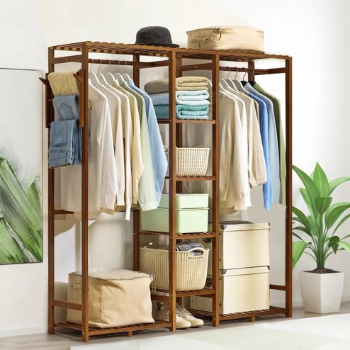 Wooden Clothes Rack Cabinet with Hooks