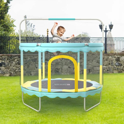 Enclosed Trampoline with Balance Bar for Kids