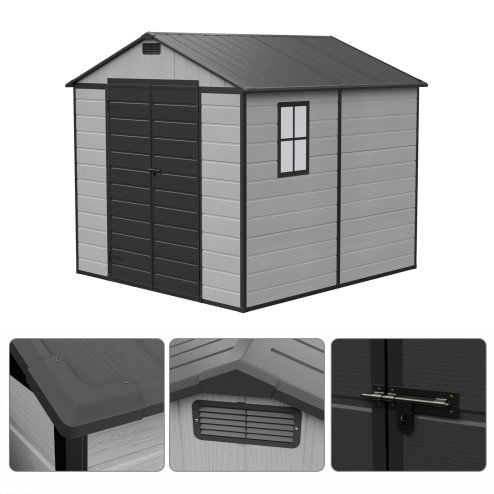Living and Home 7.53 x 8.01FT Apex Roof Plastic Garden Storage Shed, Grey+Black, Lockable Double Doors & Window, Weather-Resistant PP & Aluminium Frame Tool Shed
