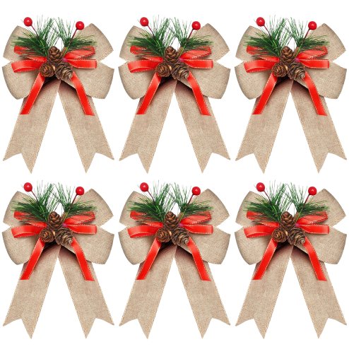 Premium 6-Pack Christmas Bows Adorned with Pine Cones and Green Needles