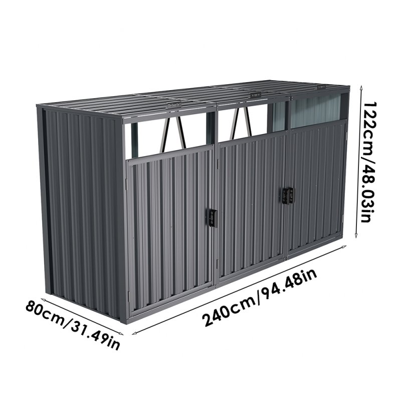 Living and Home 7.8x2.6 ft Outdoor Metal Garbage Can Garden Storage Shed, Dark Grey
