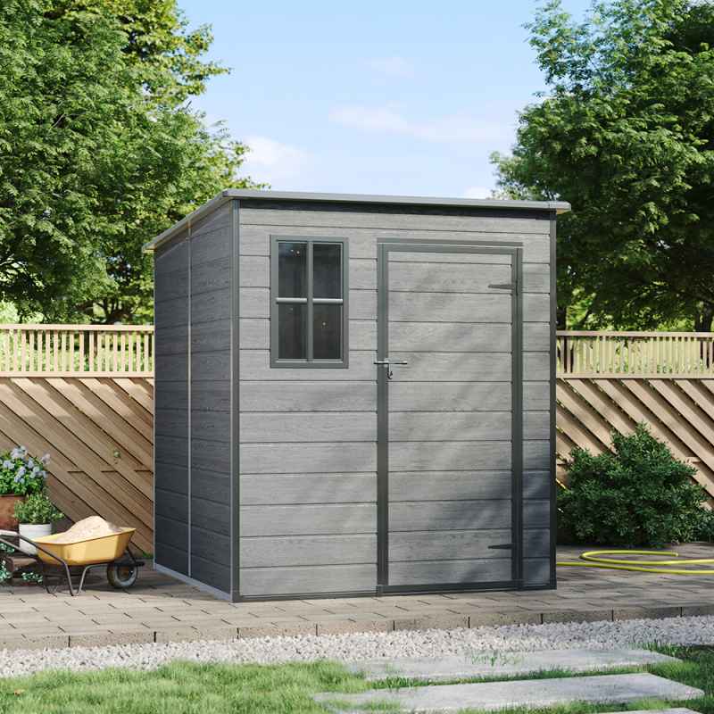 6 x 6FT Outdoor Dark Grey Wood Grain Plastic Garden Storage Shed w/ Window