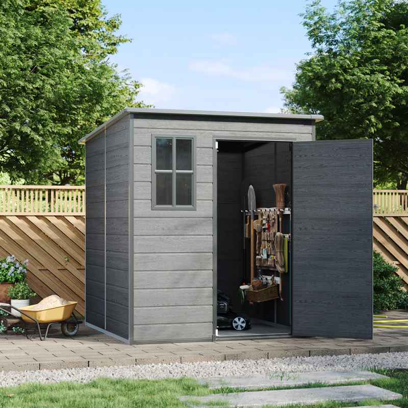 6 x 6FT Outdoor Dark Grey Wood Grain Plastic Garden Storage Shed w/ Window