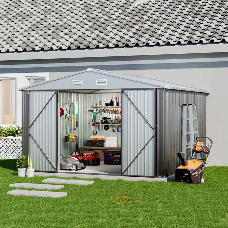 10.42 x 8.71FT Metal Garden Storage Shed with Lockable Door