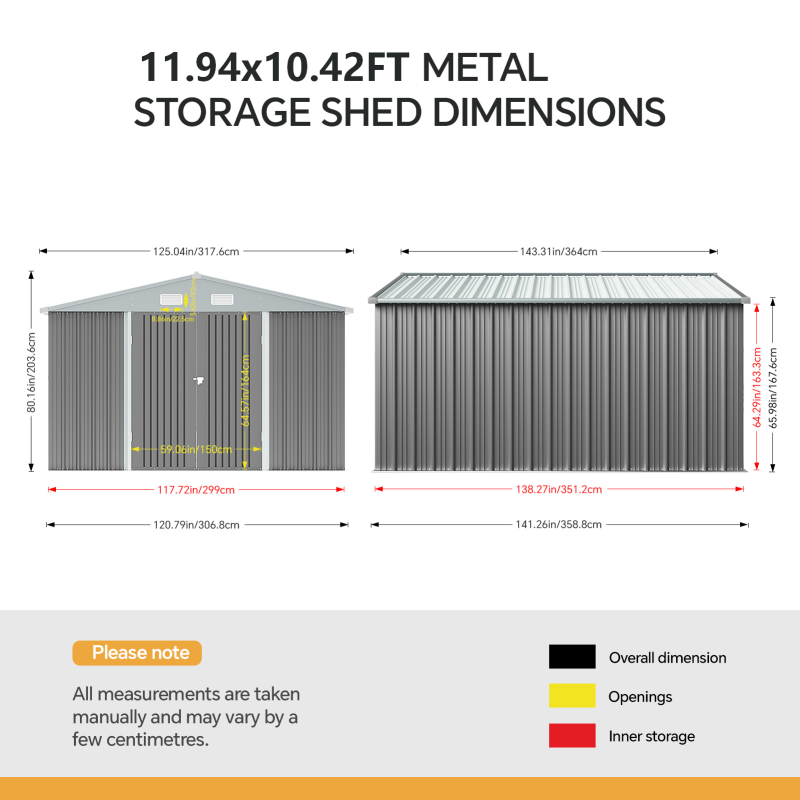 11.94 x 10.42FT Apex Roof Garden Tool Shed, Grey