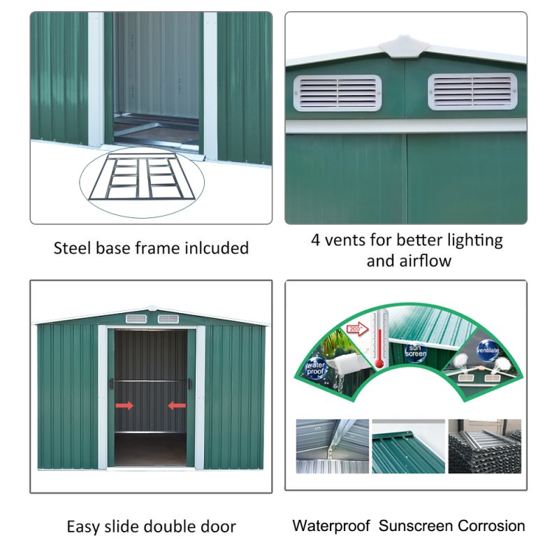 8.53 x 8.53FT Large Metal Garden Tool Storage Shed, Green