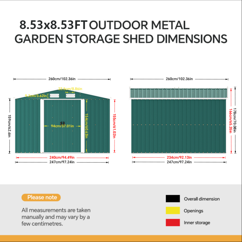 8.53 x 8.53FT Large Metal Garden Tool Storage Shed, Green