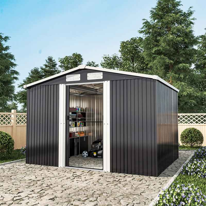 8.46 x 6.79FT Large Metal Apex Roof Garden Tool Storage Shed, Anthracite