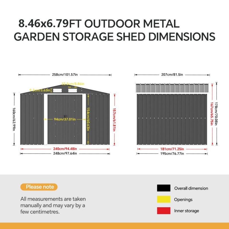 8.46 x 6.79FT Large Metal Apex Roof Garden Tool Storage Shed, Anthracite
