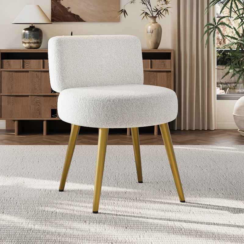 Living and Home Cream Faux Fur Vanity Stool Chair with Metal Legs
