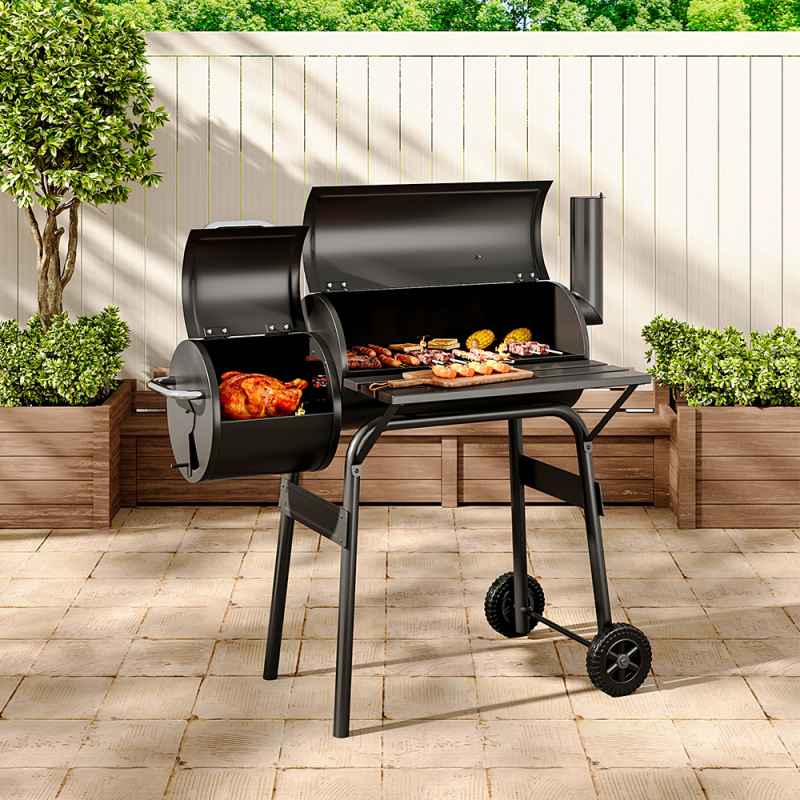 Living and Home Portable Outdoor Charcoal BBQ Grill with Offset Smoker