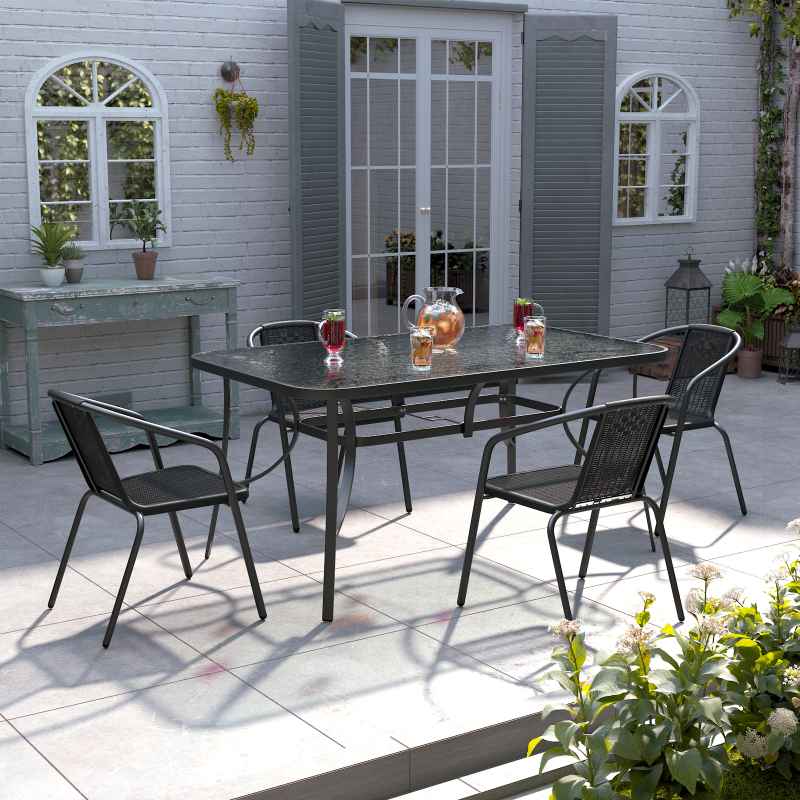 5-Piece Tempered Glass Outdoor Coffee Table and Rattan Chairs Set