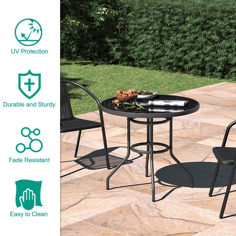 Metallic and Tempered Glass Garden Table with Parasol Hole Outdoor Multi Size