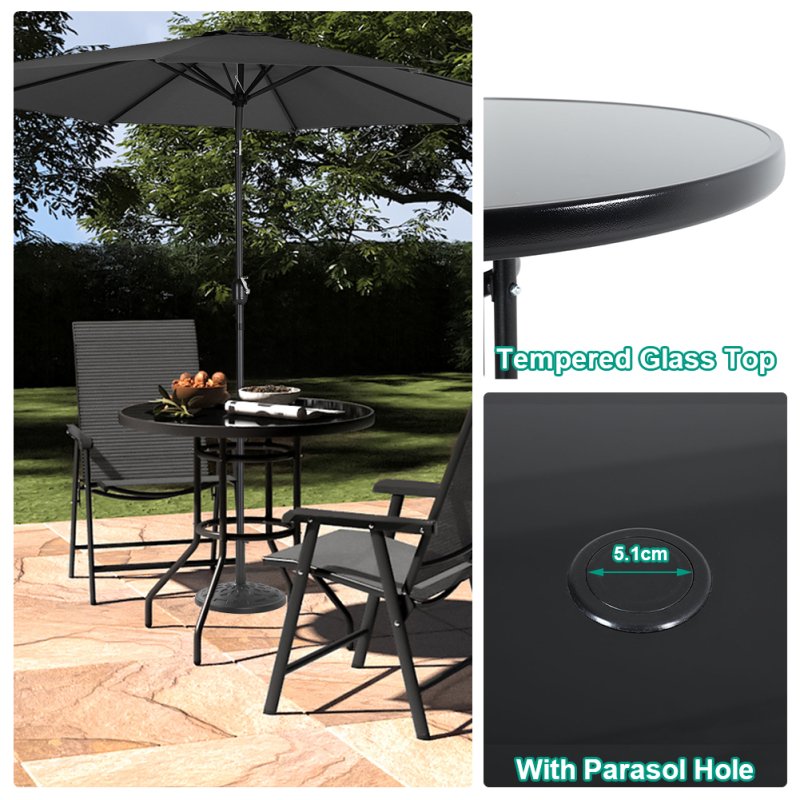 Metallic and Tempered Glass Garden Table with Parasol Hole Outdoor Multi Size