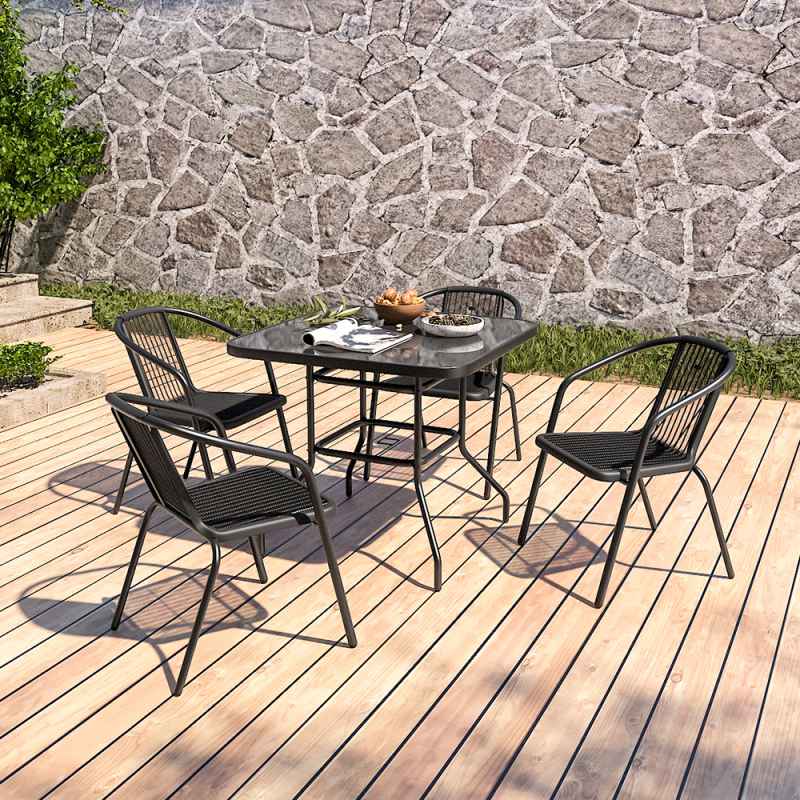 5-Piece Outdoor Tempered Glass Garden Table with Four Rattan Chairs