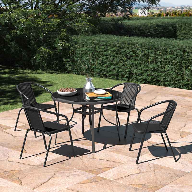 5-Piece Outdoor Tempered Glass Garden Table with Four Rattan Chairs
