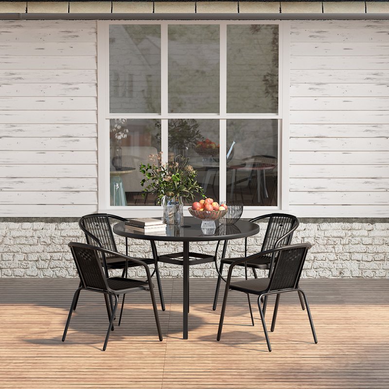 5-Piece Outdoor Tempered Glass Garden Table with Four Rattan Chairs