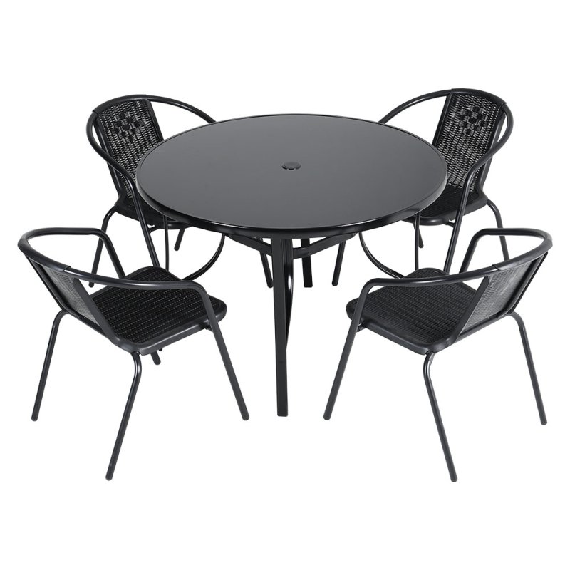 5-Piece Outdoor Tempered Glass Garden Table with Four Rattan Chairs
