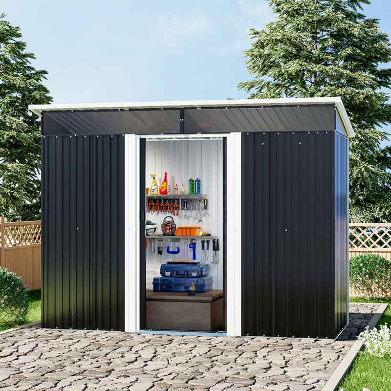 Living and Home 8 x 4 ft Garden Metal Storage Shed with Lockable Sliding Doors, Charcoal Black