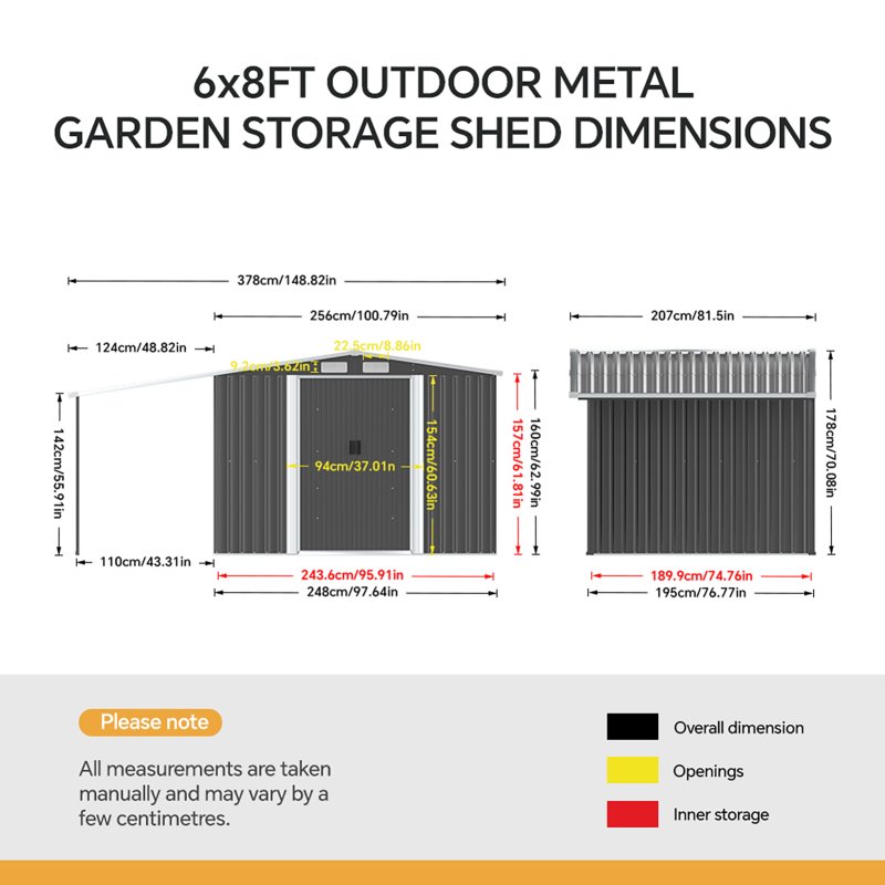 Living and Home 8 x 6 ft Outdoor Metal Storage Shed with Lean-to, Dark Grey