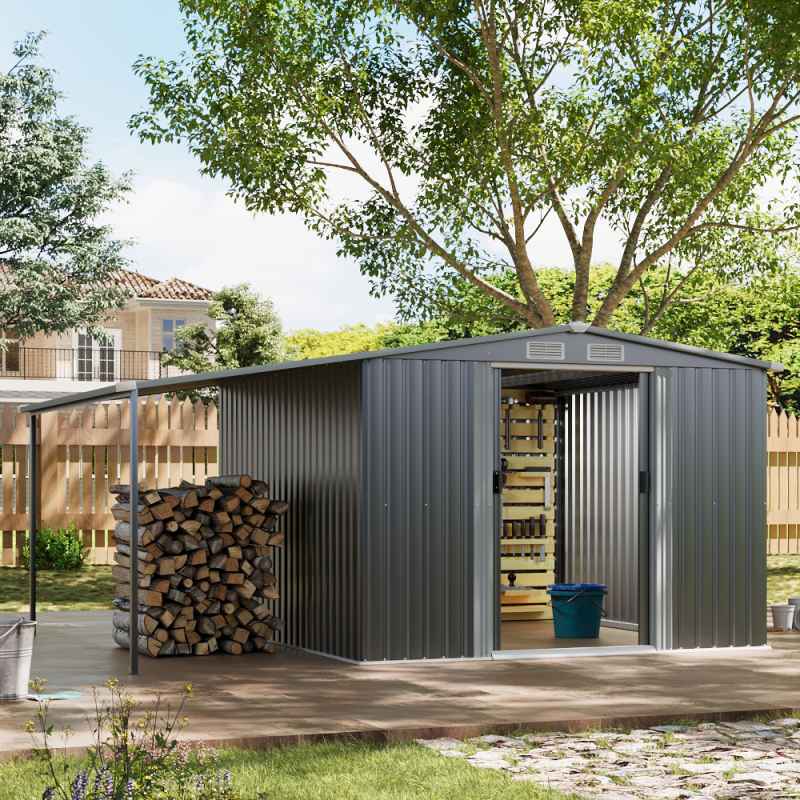 Living and Home Outdoor Metal Storage Shed with Lean-to, Dark Grey