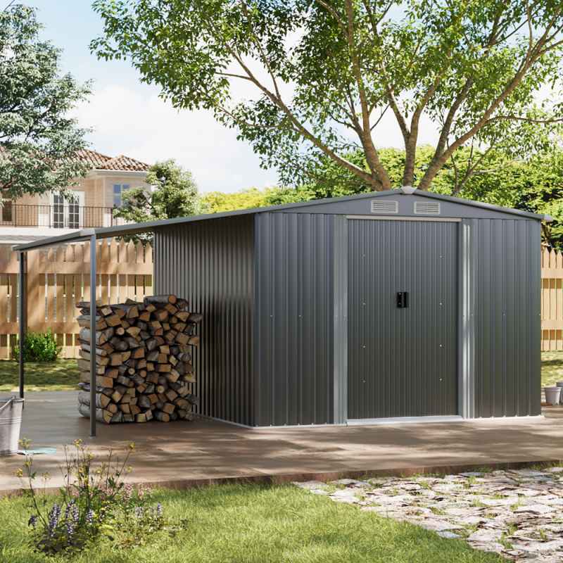 Living and Home Outdoor Metal Storage Shed with Lean-to, Dark Grey