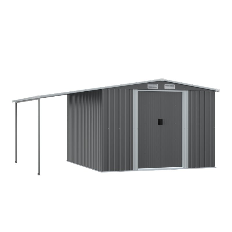 Living and Home Outdoor Metal Storage Shed with Lean-to, Dark Grey