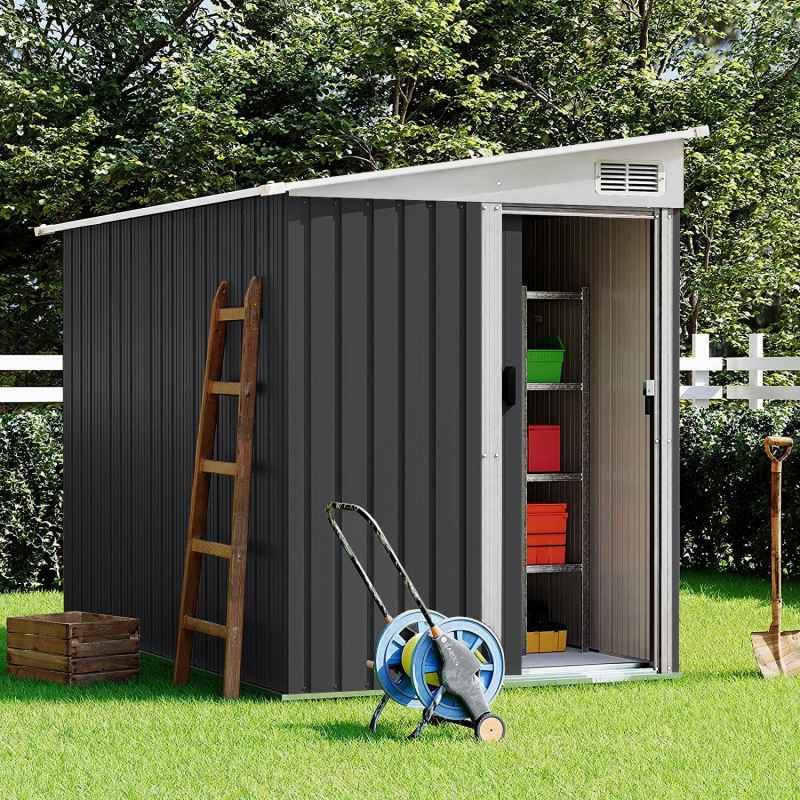 Living and Home 5 x 7FT Sliding Door Pent Roof Garden Tool Shed Outdoor Patio Storage House, Charcoal Black