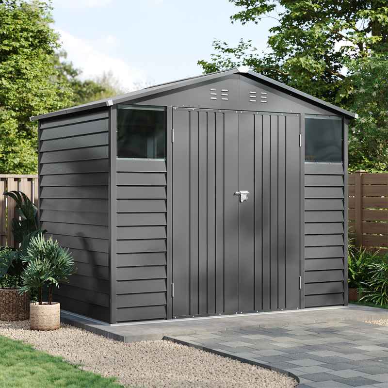 Living and Home 8.1x5.7FT Metal Apex Roof Garden Tool Shed, Grey